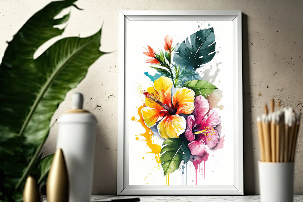 Hawaiian Hibiscus Flower Bouquet Print Watercolor Botanical Wall Art Flower Painting Gift Floral Tropical Home Decor