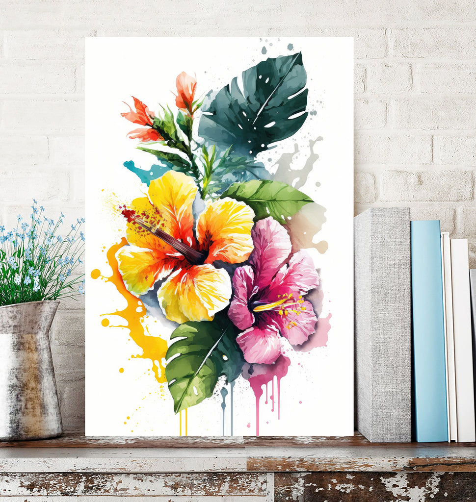 Hawaiian Hibiscus Flower Bouquet Print Watercolor Botanical Wall Art Flower Painting Gift Floral Tropical Home Decor