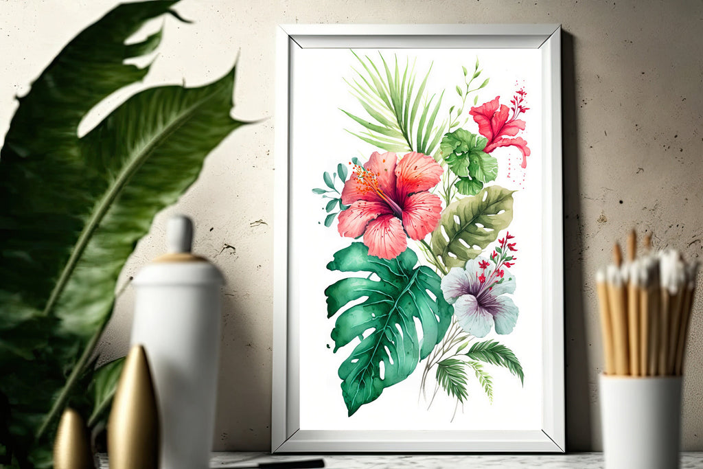 Hawaiian Hibiscus Flower Bouquet Print Watercolor Botanical Wall Art Flower Painting Gift Floral Tropical Home Decor