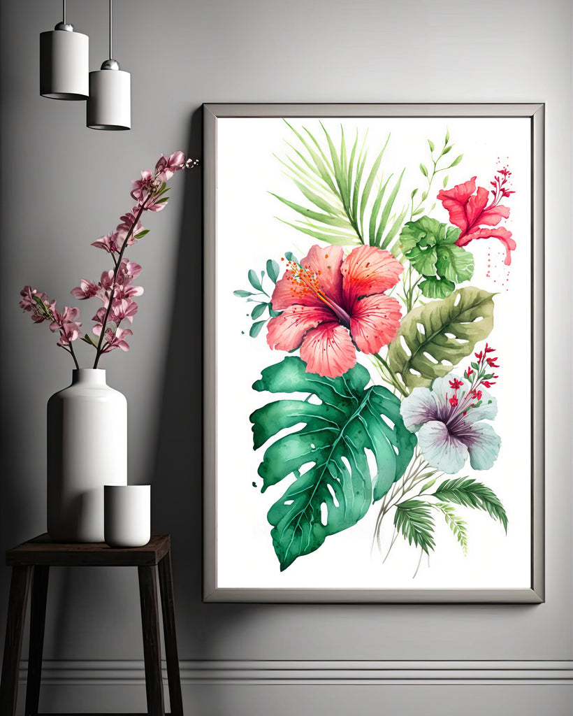 Hawaiian Hibiscus Flower Bouquet Print Watercolor Botanical Wall Art Flower Painting Gift Floral Tropical Home Decor