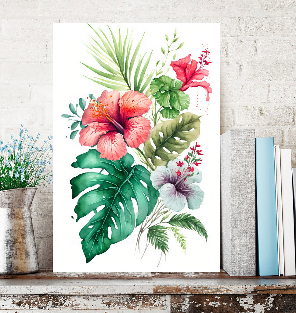 Hawaiian Hibiscus Flower Bouquet Print Watercolor Botanical Wall Art Flower Painting Gift Floral Tropical Home Decor