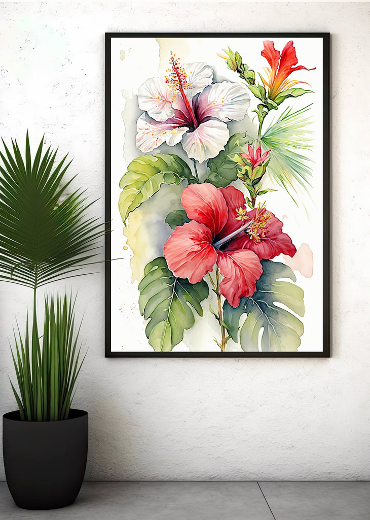 Hawaiian Hibiscus Flower Bouquet Print Watercolor Botanical Wall Art Flower Painting Gift Floral Tropical Home Decor