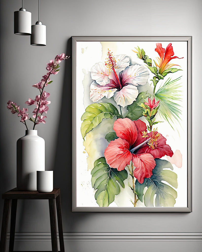 Hawaiian Hibiscus Flower Bouquet Print Watercolor Botanical Wall Art Flower Painting Gift Floral Tropical Home Decor