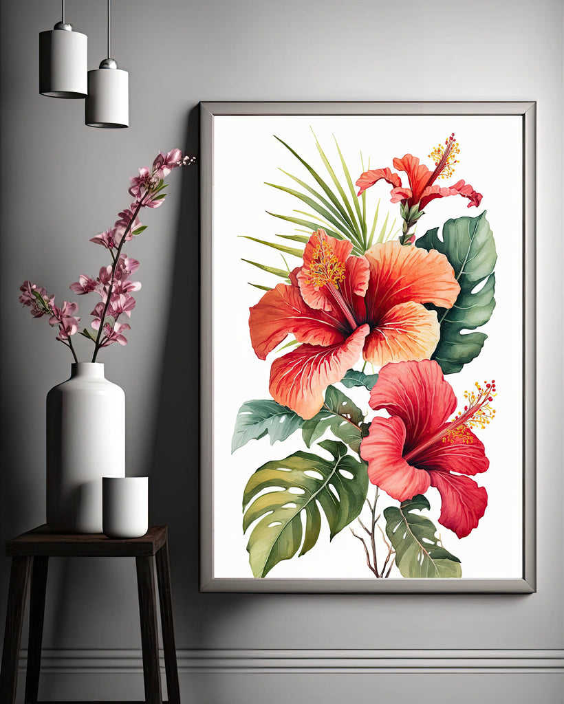 Hawaiian Hibiscus Flower Bouquet Print Watercolor Botanical Wall Art Flower Painting Gift Floral Tropical Home Decor