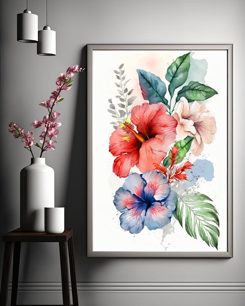 Hawaiian Hibiscus Flower Bouquet Print Watercolor Botanical Wall Art Flower Painting Gift Floral Tropical Home Decor