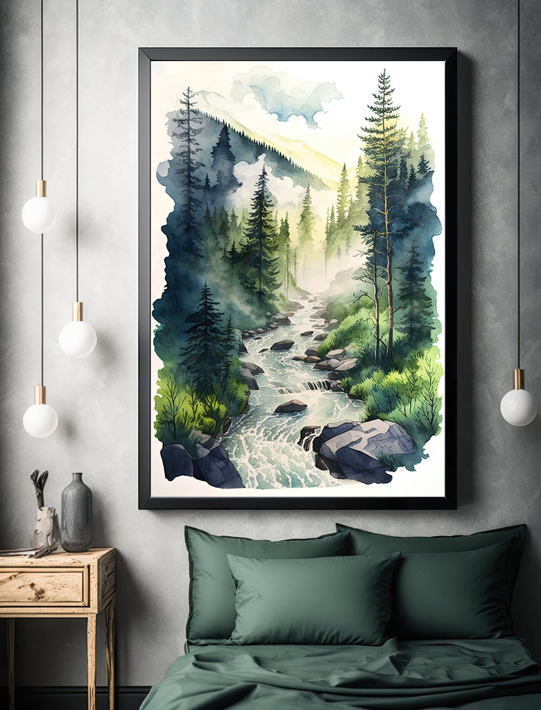 Forest Stream Sage Green Wall Art Watercolor Print Landscape Painting Nature Inspired Gift Woodland Cottagecore Decor