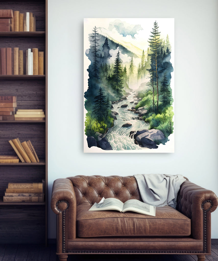 Forest Stream Sage Green Wall Art Watercolor Print Landscape Painting Nature Inspired Gift Woodland Cottagecore Decor