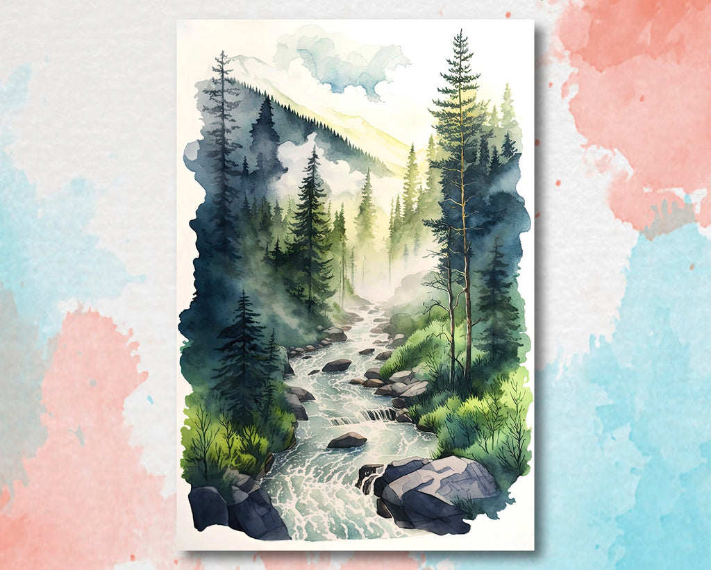 Forest Stream Sage Green Wall Art Watercolor Print Landscape Painting Nature Inspired Gift Woodland Cottagecore Decor