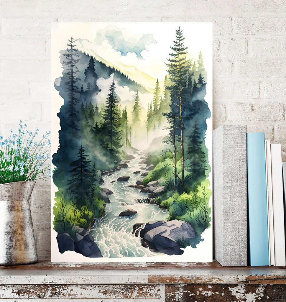 Forest Stream Sage Green Wall Art Watercolor Print Landscape Painting Nature Inspired Gift Woodland Cottagecore Decor