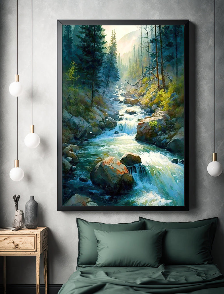 Forest Stream Sage Green Wall Art Watercolor Print Landscape Painting Nature Inspired Gift Woodland Cottagecore Decor