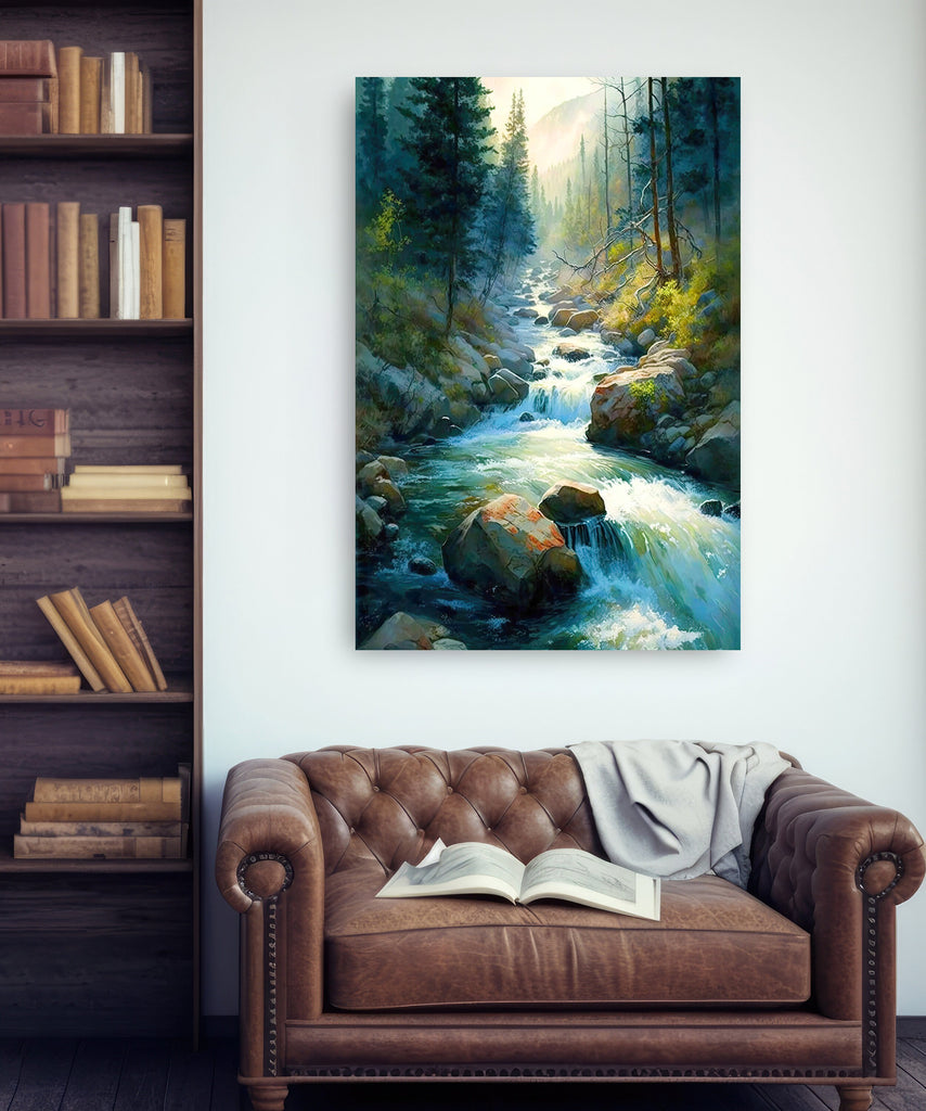 Forest Stream Sage Green Wall Art Watercolor Print Landscape Painting Nature Inspired Gift Woodland Cottagecore Decor