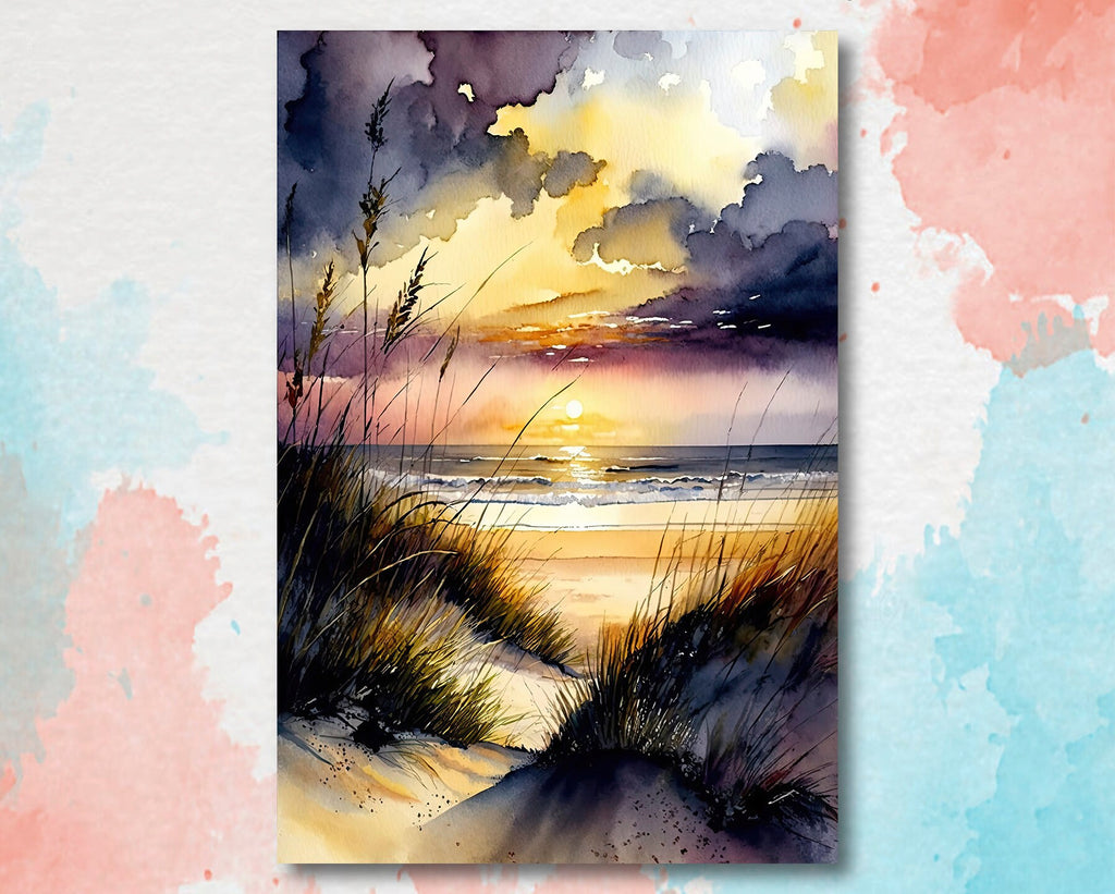 Beach Sunset Watercolor Print Ocean Wall Art Tropical Nature Gift Coastal Landscape Home Decor