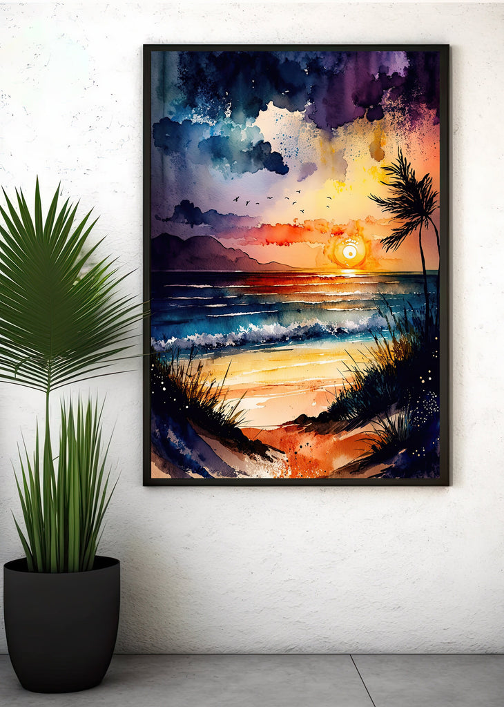 Beach Sunset Watercolor Print Ocean Wall Art Tropical Nature Gift Coastal Landscape Home Decor