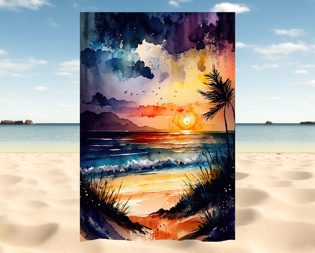 Beach Sunset Watercolor Print Ocean Wall Art Tropical Nature Gift Coastal Landscape Home Decor