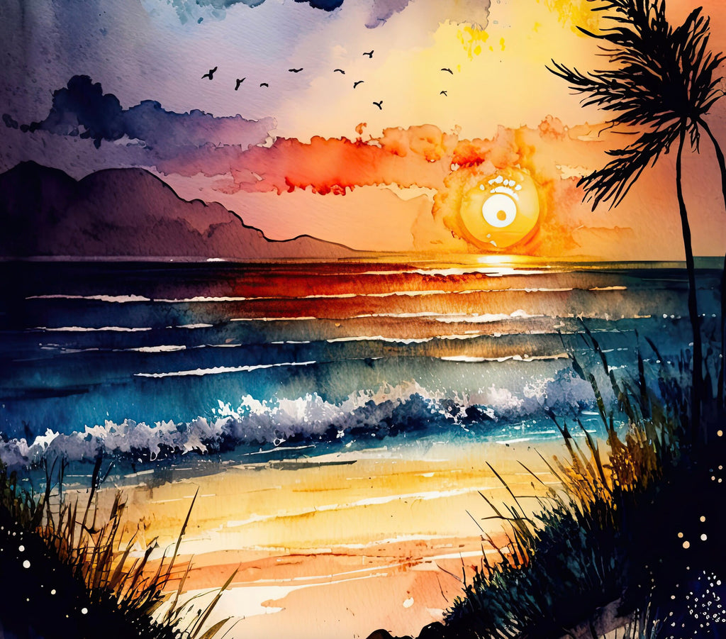 Beach Sunset Watercolor Print Ocean Wall Art Tropical Nature Gift Coastal Landscape Home Decor