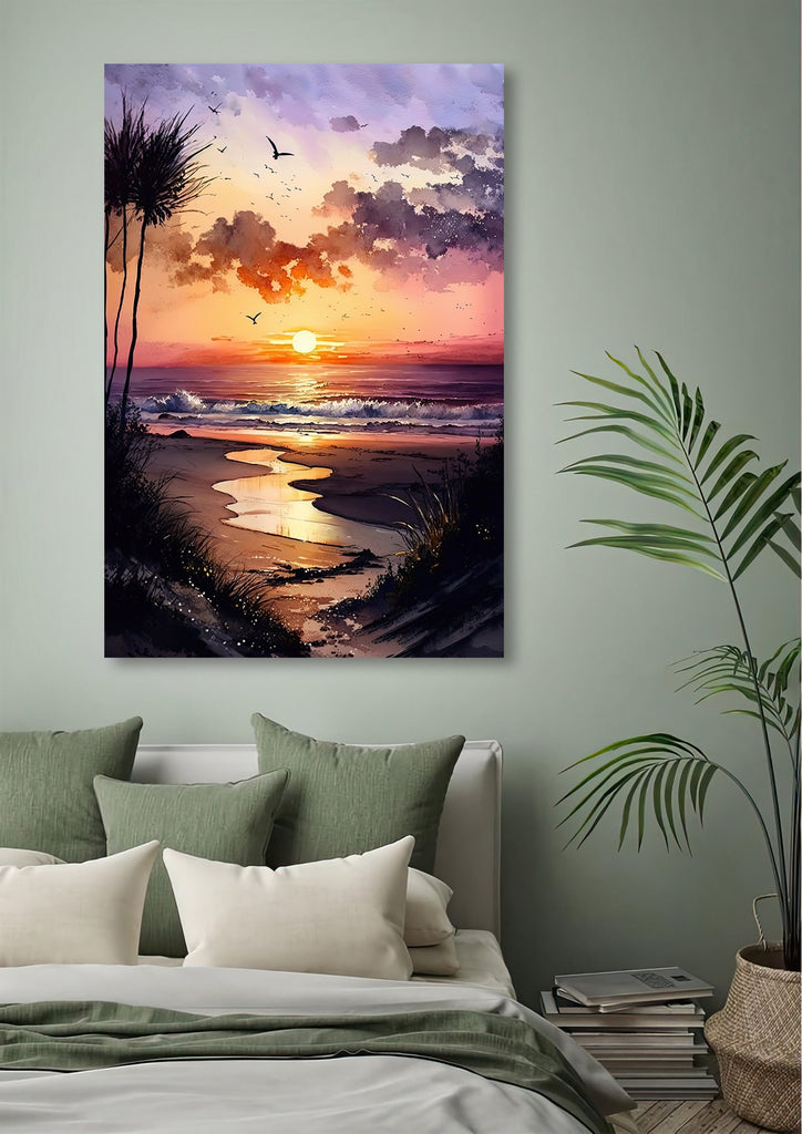 Beach Sunset Watercolor Print Ocean Wall Art Tropical Nature Gift Coastal Landscape Home Decor