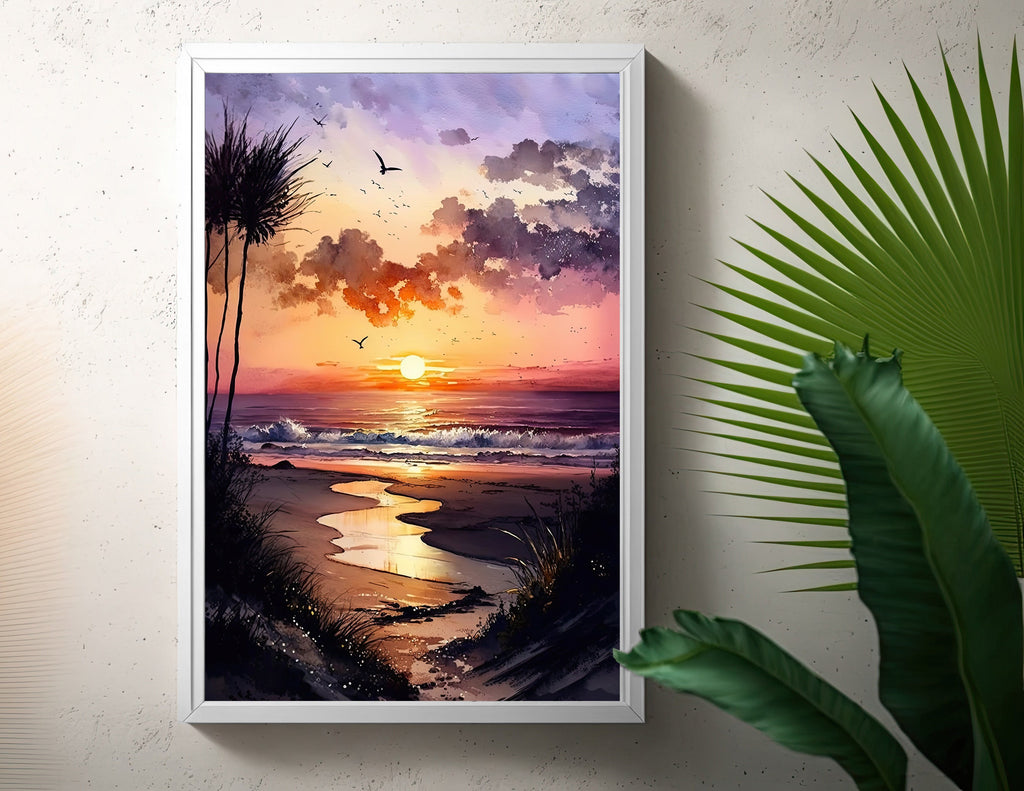 Beach Sunset Watercolor Print Ocean Wall Art Tropical Nature Gift Coastal Landscape Home Decor