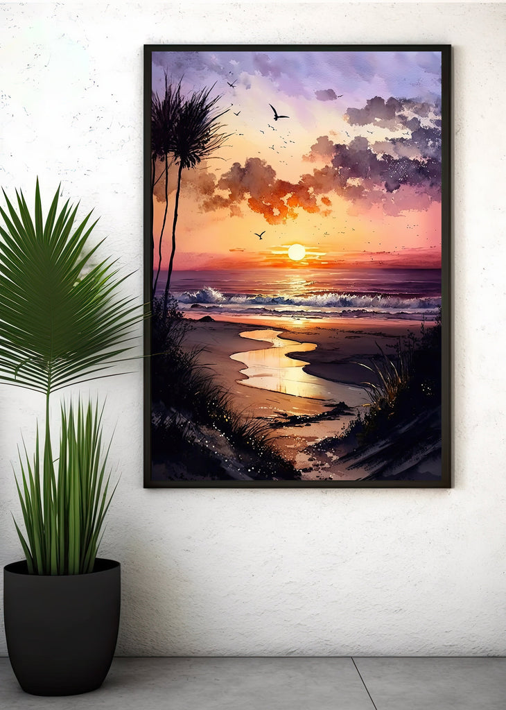 Beach Sunset Watercolor Print Ocean Wall Art Tropical Nature Gift Coastal Landscape Home Decor