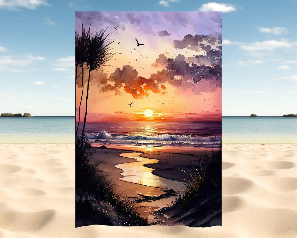 Beach Sunset Watercolor Print Ocean Wall Art Tropical Nature Gift Coastal Landscape Home Decor