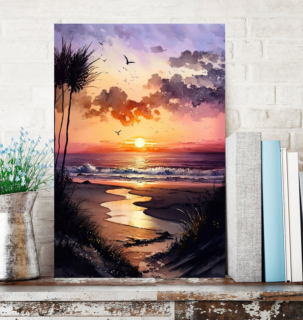 Beach Sunset Watercolor Print Ocean Wall Art Tropical Nature Gift Coastal Landscape Home Decor