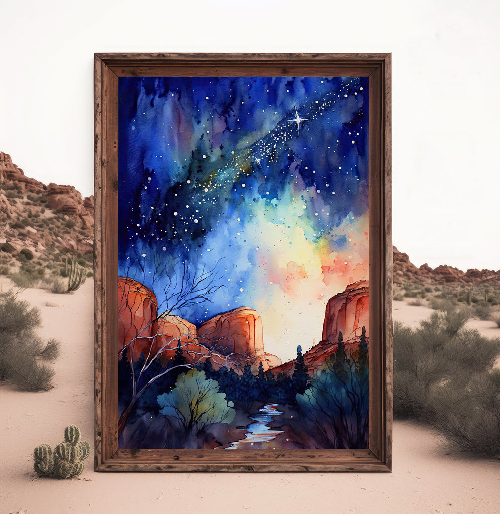 Watercolor Sedona Milky Way Sonoran Art Print Arizona Desert Wall Art Landscape Gift Starry Night Sky Southwestern Decor