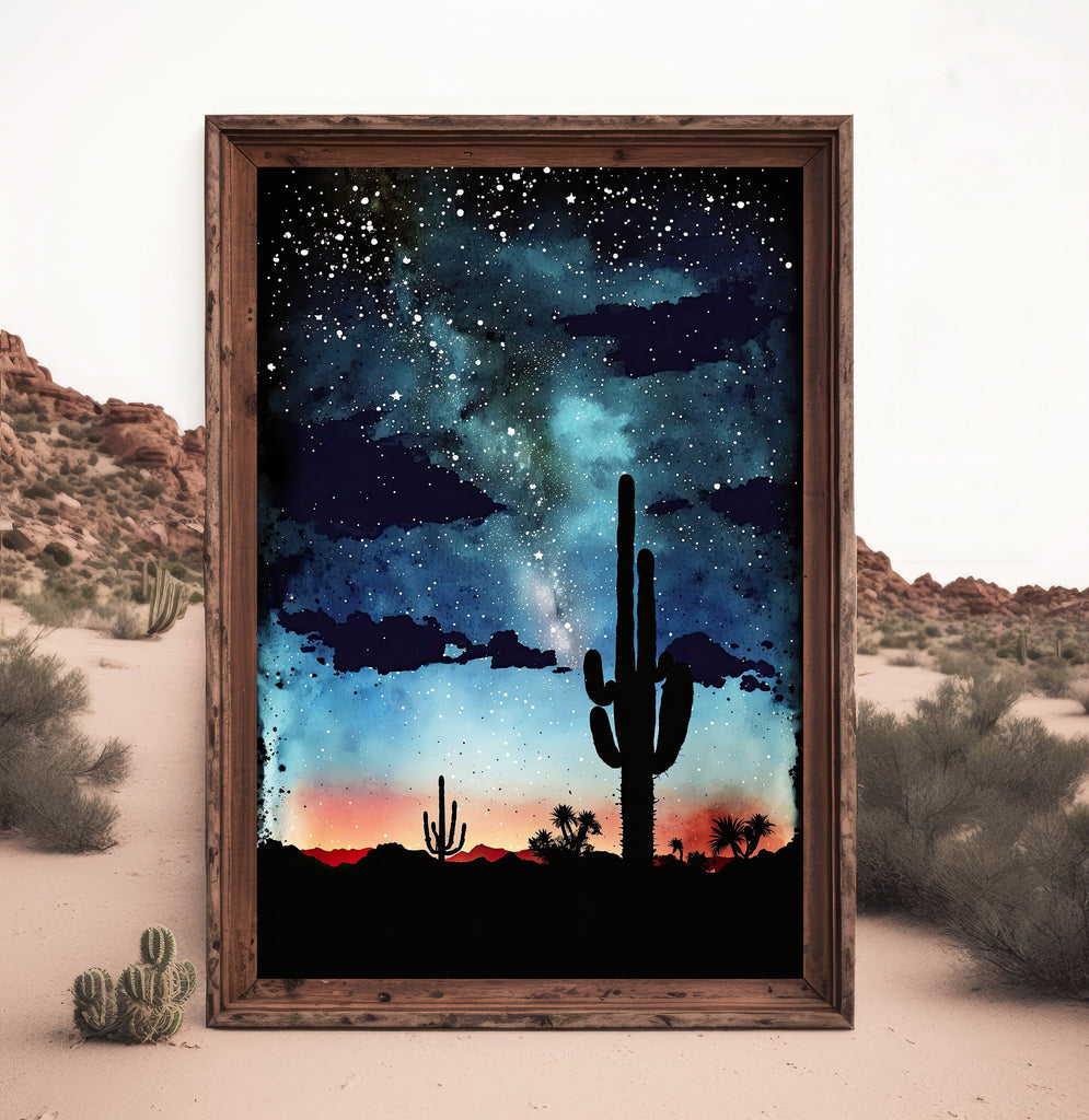 Desert Milky Way Art Print Watercolor Landscape Wall Art Southwest Gift Sonoran Cactus Beautiful Starry Night Western Decor