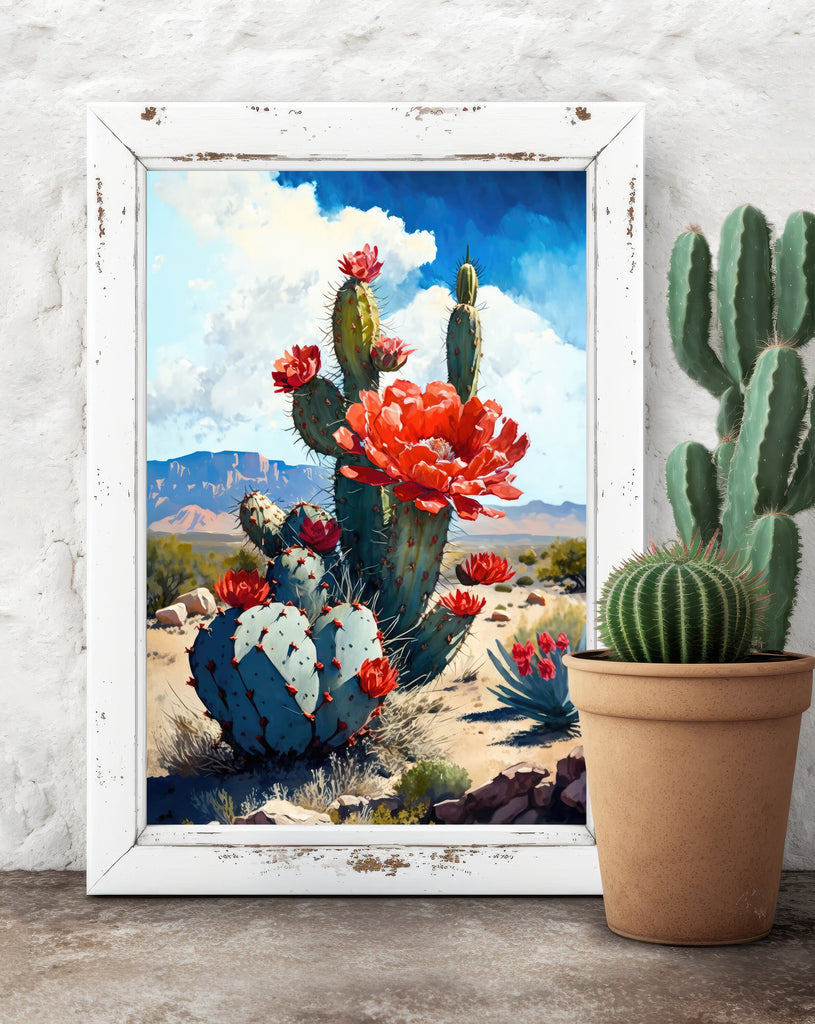 Red Flower Cactus Plant Print Watercolor Painting Botanical Desert Wall Art Nature Inspired Southwest Gift Rustic Western Decor