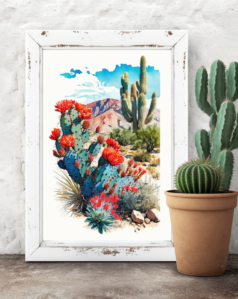 Arizona Prickly Pear Cactus Wall Art Print Desert Landscape Painting Nature Inspired Boho Wall Decor Gift Sonoran Art Southwest Decor