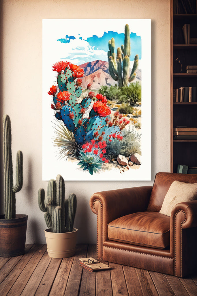 Arizona Prickly Pear Cactus Wall Art Print Desert Landscape Painting Nature Inspired Boho Wall Decor Gift Sonoran Art Southwest Decor