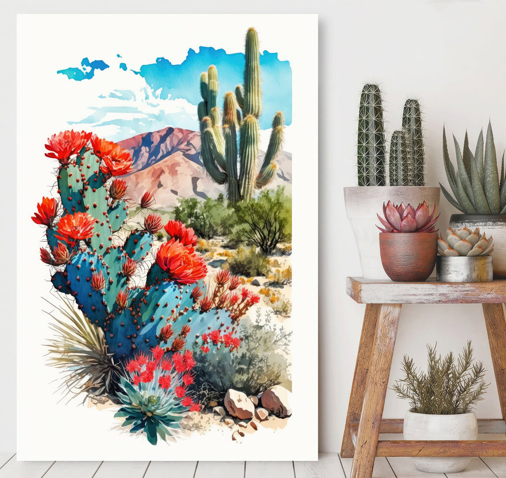 Arizona Prickly Pear Cactus Wall Art Print Desert Landscape Painting Nature Inspired Boho Wall Decor Gift Sonoran Art Southwest Decor