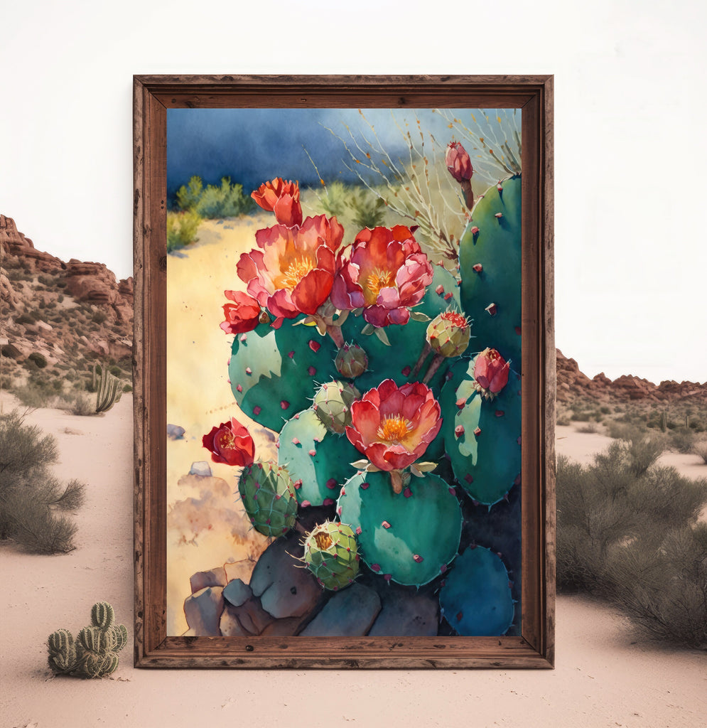 Flower Prickly Pear Cactus Print Watercolor Painting Botanical Desert Wall Art Nature Inspired Sonoran Art Southwest Gift Western Decor