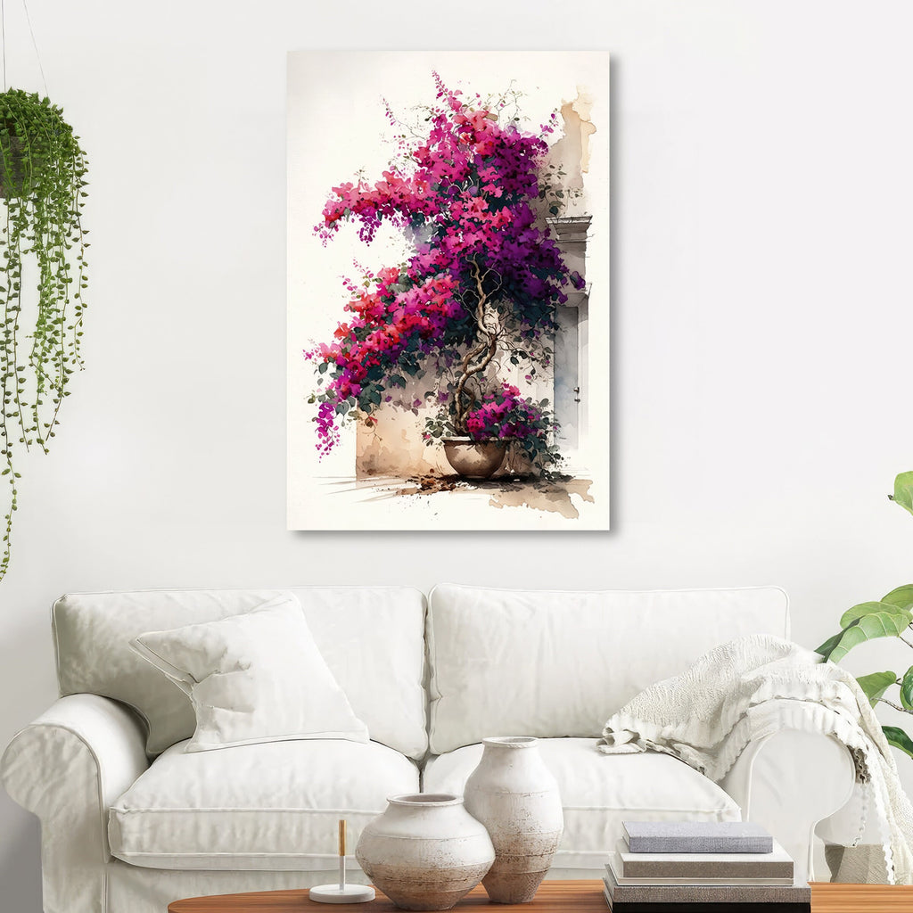 Bougainvillea Vines Watercolor Painting Floral Print Mediterranean Botanical Wall Art Magenta Tropical Flowers Gift Nature Inspired Decor