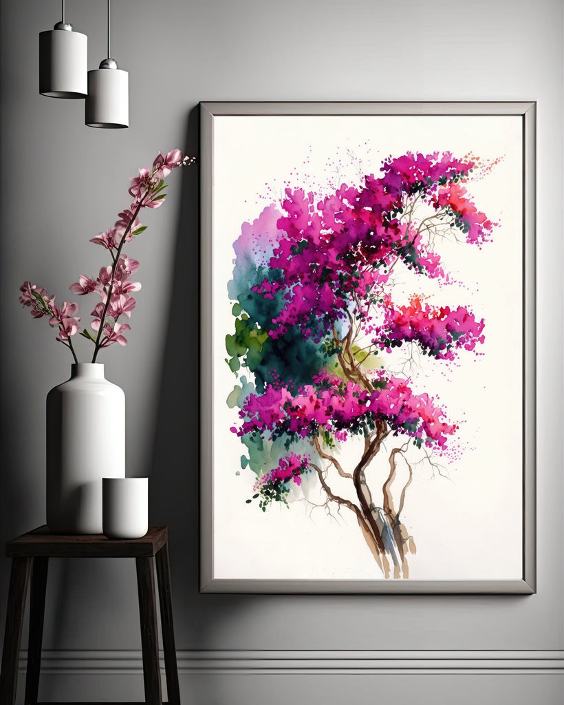 Bougainvillea Vines Watercolor Painting Floral Print Mediterranean Botanical Wall Art Magenta Tropical Flowers Gift Nature Inspired Decor