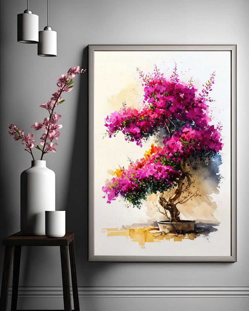 Bougainvillea Vines Watercolor Painting Floral Print Mediterranean Botanical Wall Art Magenta Tropical Flowers Gift Nature Inspired Decor