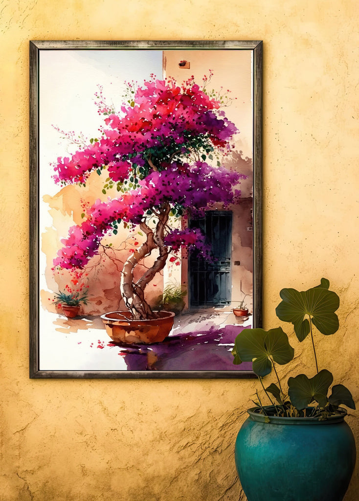 Bougainvillea Vines Watercolor Painting Floral Print Mediterranean Botanical Wall Art Magenta Tropical Flowers Gift Nature Inspired Decor