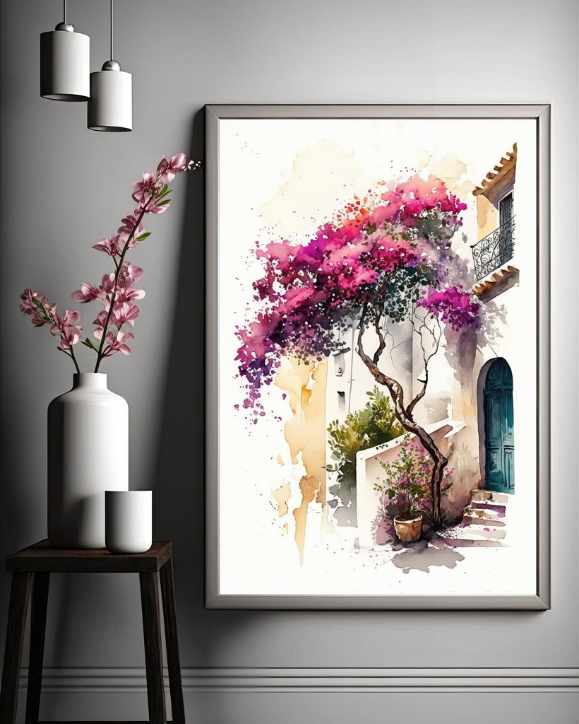 Bougainvillea Vines Watercolor Painting Floral Print Mediterranean Botanical Wall Art Magenta Tropical Flowers Gift Nature Inspired Decor