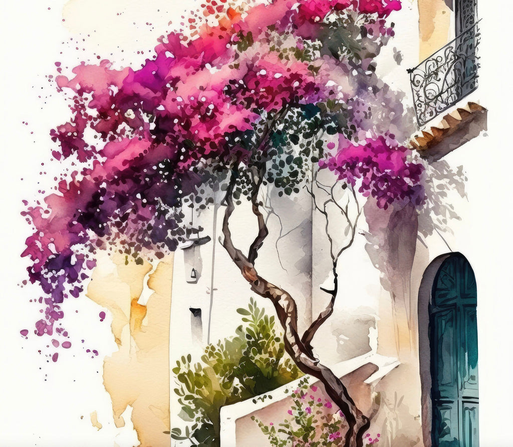 Bougainvillea Vines Watercolor Painting Floral Print Mediterranean Botanical Wall Art Magenta Tropical Flowers Gift Nature Inspired Decor