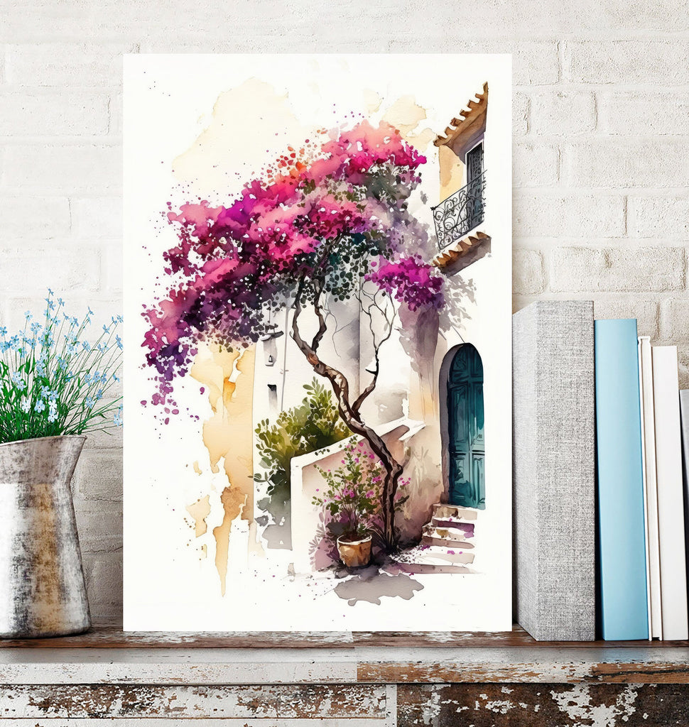 Bougainvillea Vines Watercolor Painting Floral Print Mediterranean Botanical Wall Art Magenta Tropical Flowers Gift Nature Inspired Decor