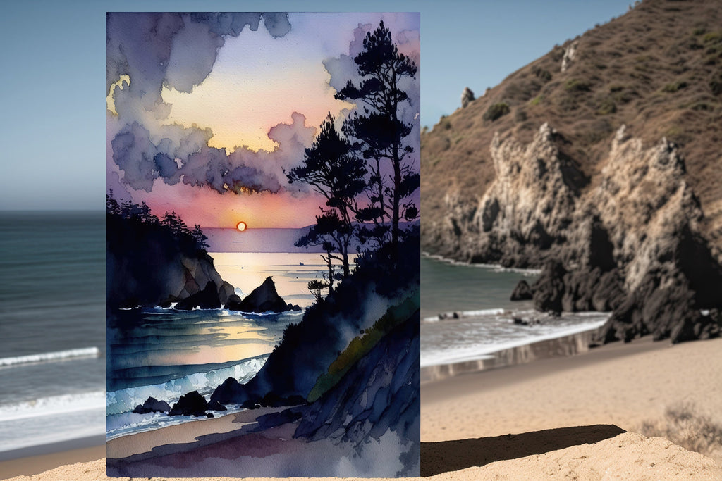 California Big Sur Beach Sunset Art Print Watercolor Ocean Wall Art Coastal Landscape Painting Gift Beach House Decor