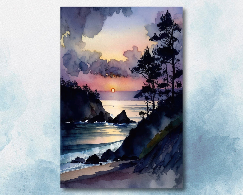 California Big Sur Beach Sunset Art Print Watercolor Ocean Wall Art Coastal Landscape Painting Gift Beach House Decor