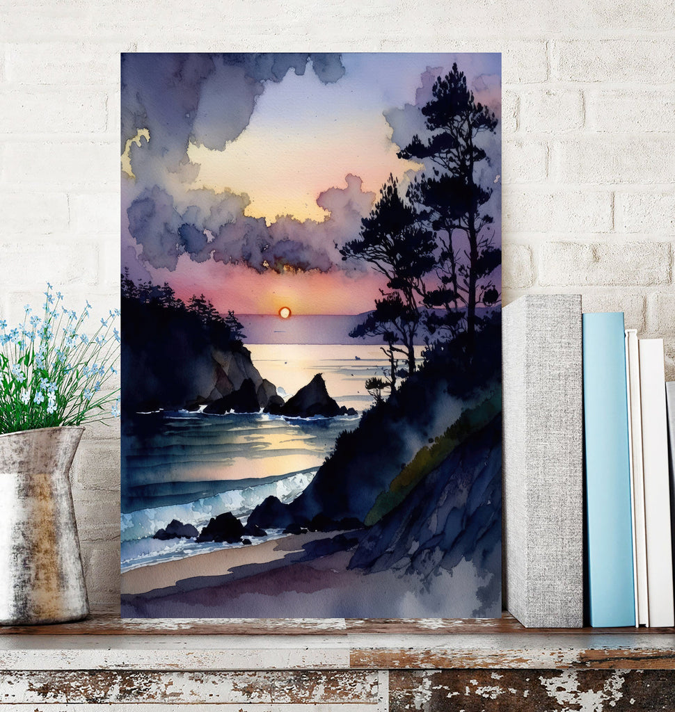 California Big Sur Beach Sunset Art Print Watercolor Ocean Wall Art Coastal Landscape Painting Gift Beach House Decor