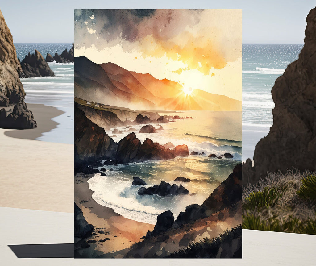 California Big Sur Beach Sunset Art Print Watercolor Ocean Wall Art Coastal Landscape Painting Gift Beach House Decor