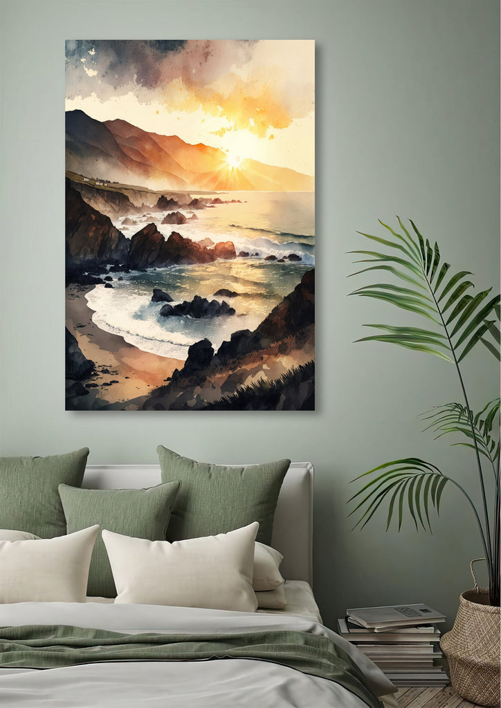 California Big Sur Beach Sunset Art Print Watercolor Ocean Wall Art Coastal Landscape Painting Gift Beach House Decor