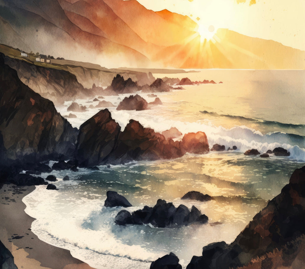 California Big Sur Beach Sunset Art Print Watercolor Ocean Wall Art Coastal Landscape Painting Gift Beach House Decor