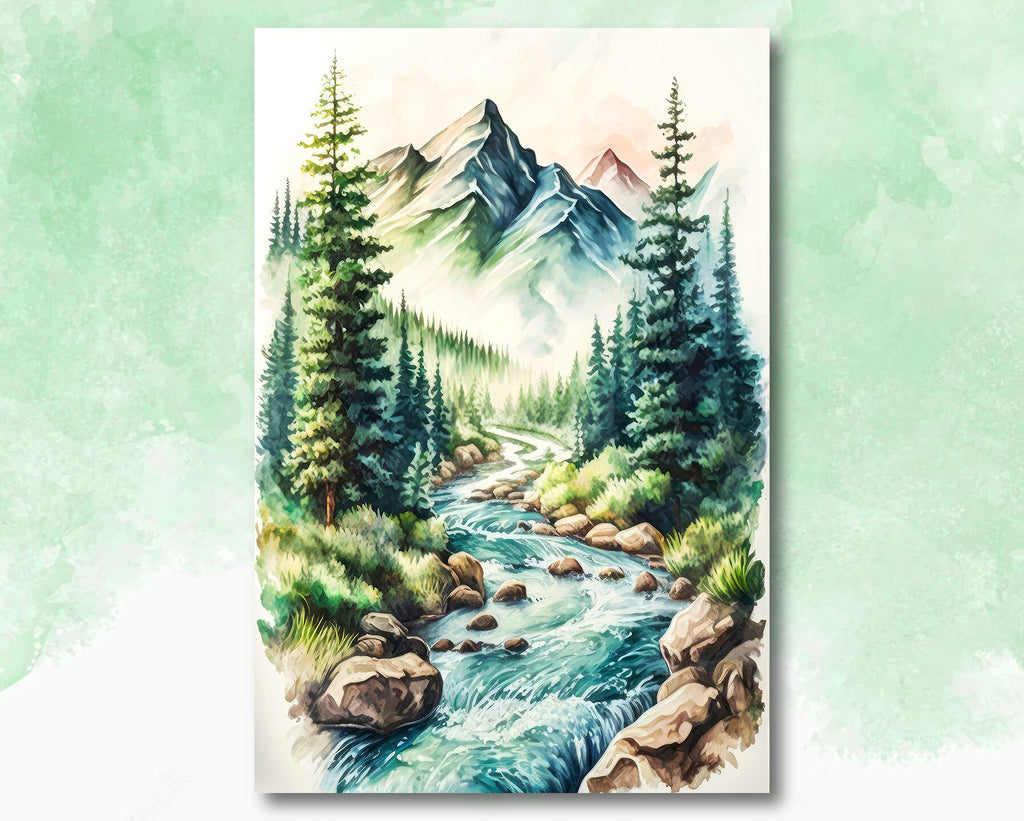 Forest Mountain Stream Sage Green Wall Art Watercolor Print Landscape Painting Nature Inspired Gift Woodland Cottagecore Decor