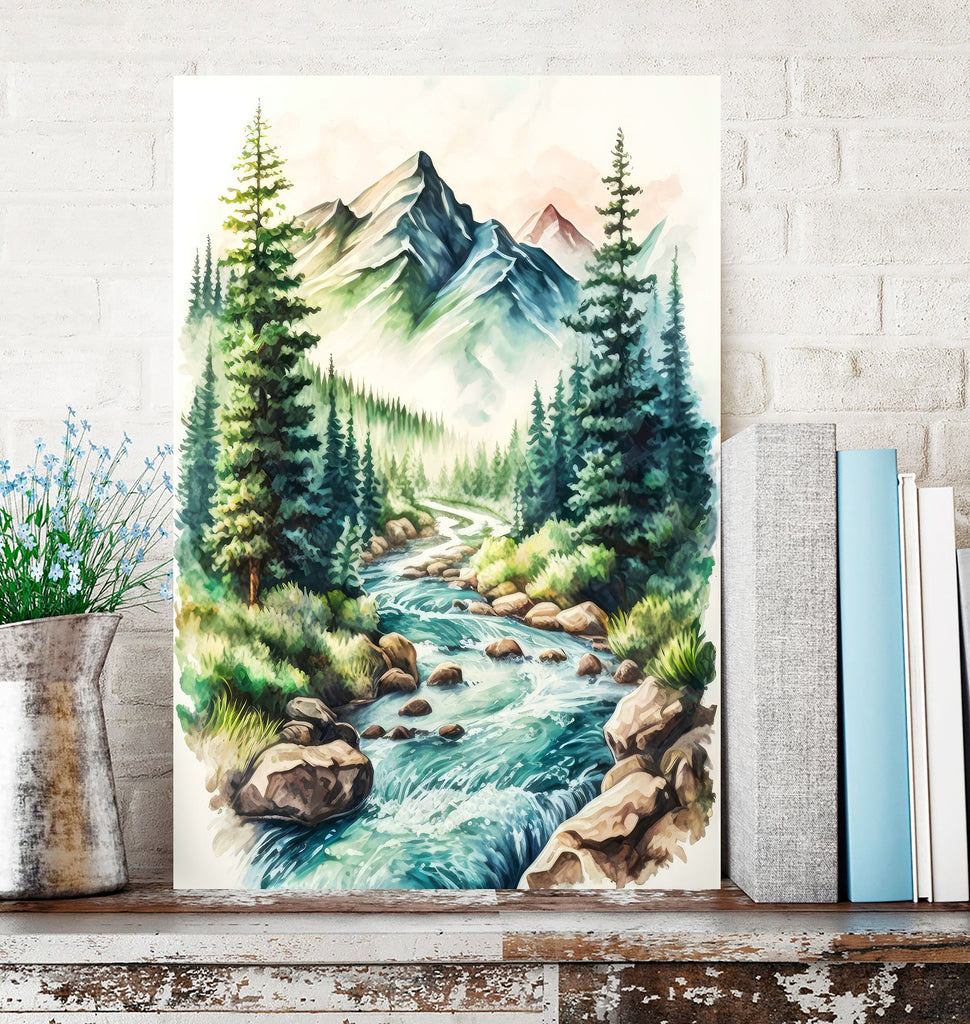 Forest Mountain Stream Sage Green Wall Art Watercolor Print Landscape Painting Nature Inspired Gift Woodland Cottagecore Decor