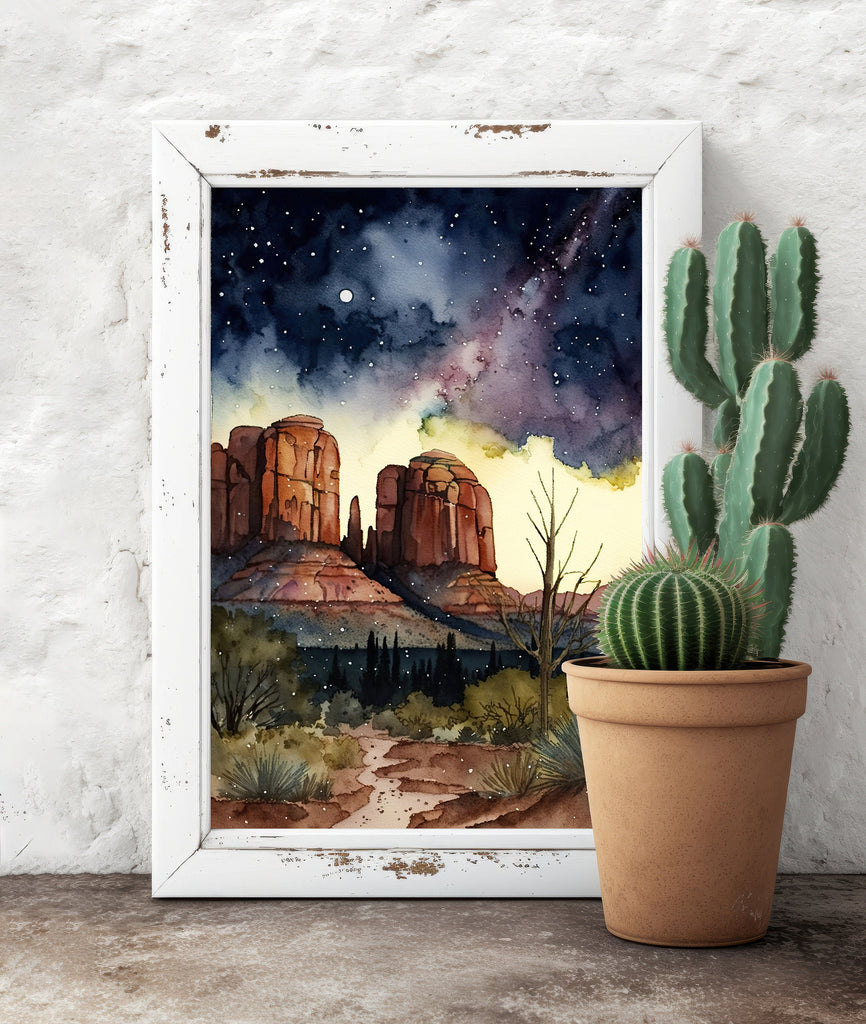 Watercolor Sedona Milky Way Sonoran Art Print Arizona Desert Wall Art Landscape Gift Starry Night Sky Southwestern Decor