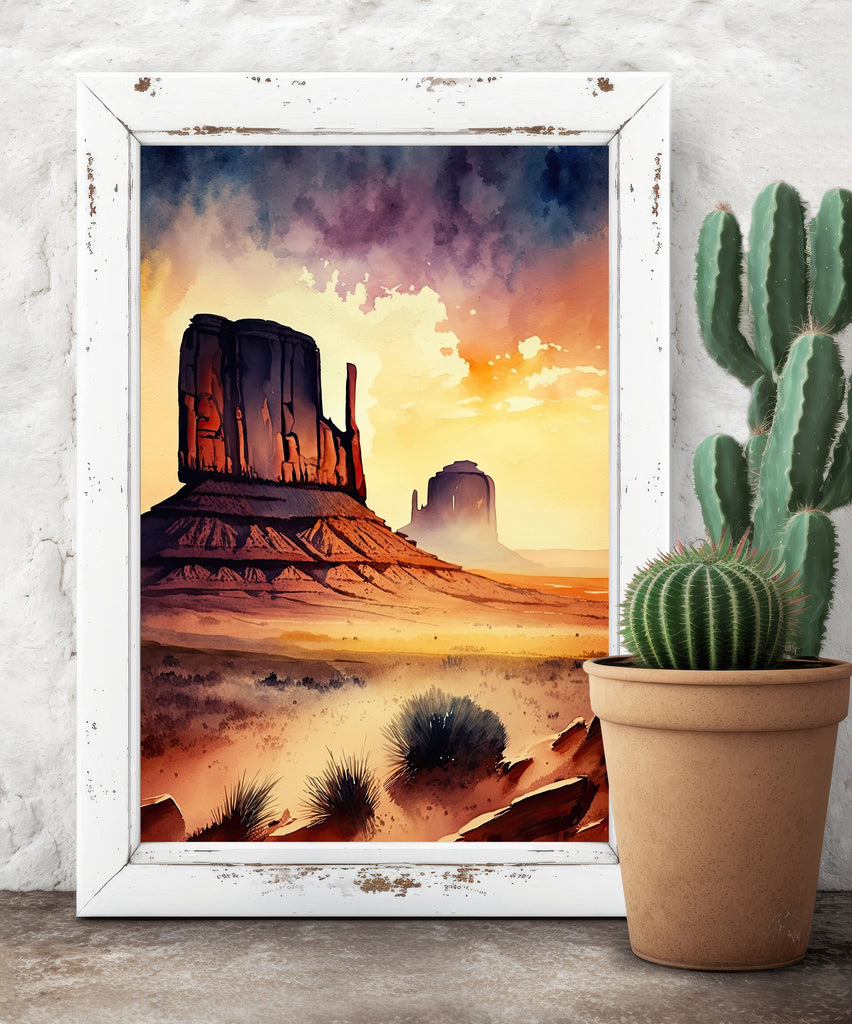 Monument Valley Desert Sunset Art Print Arizona Sonoran Watercolor Southwest Wall Art Boho Wall Decor Gift Southwestern Decor