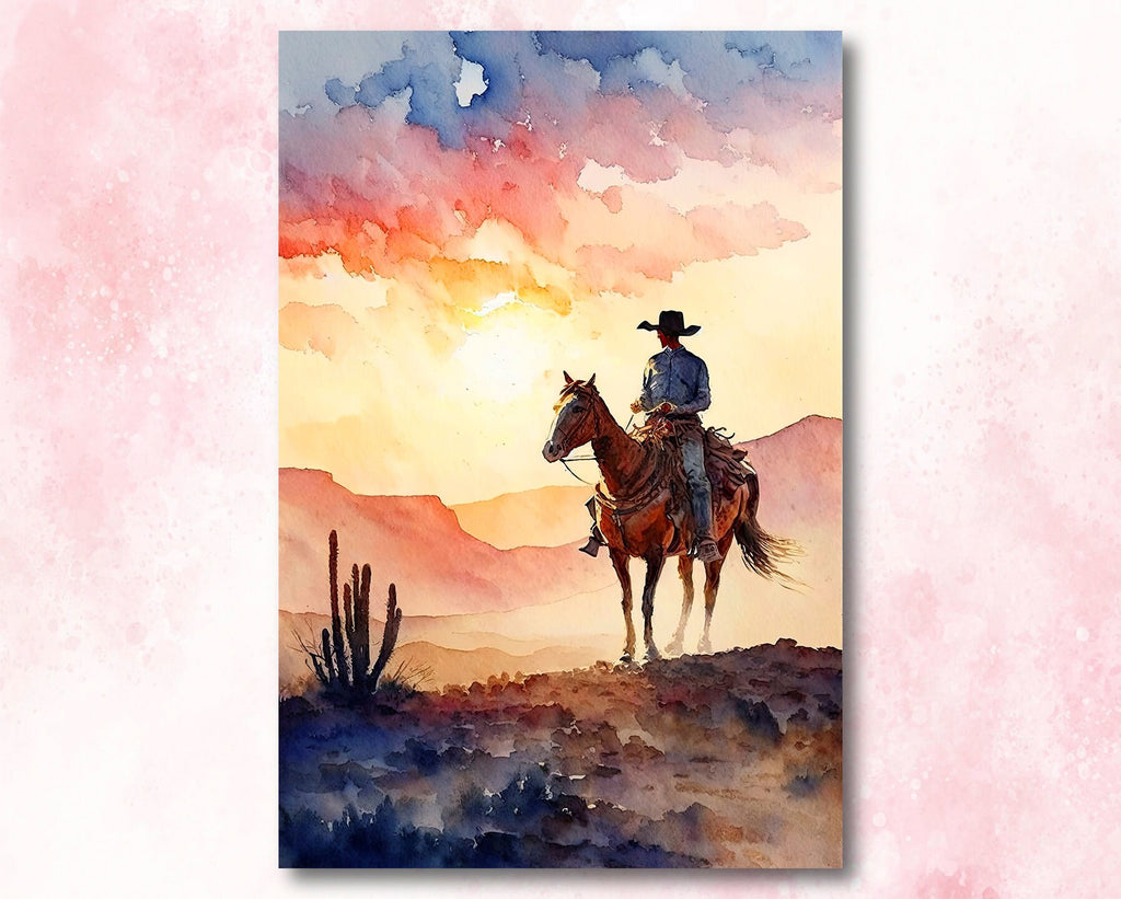 Cowboy Sunset Art Print Americana Watercolor Painting Rodeo Poster or Canvas Wall Art Southwestern Gift Western Decor