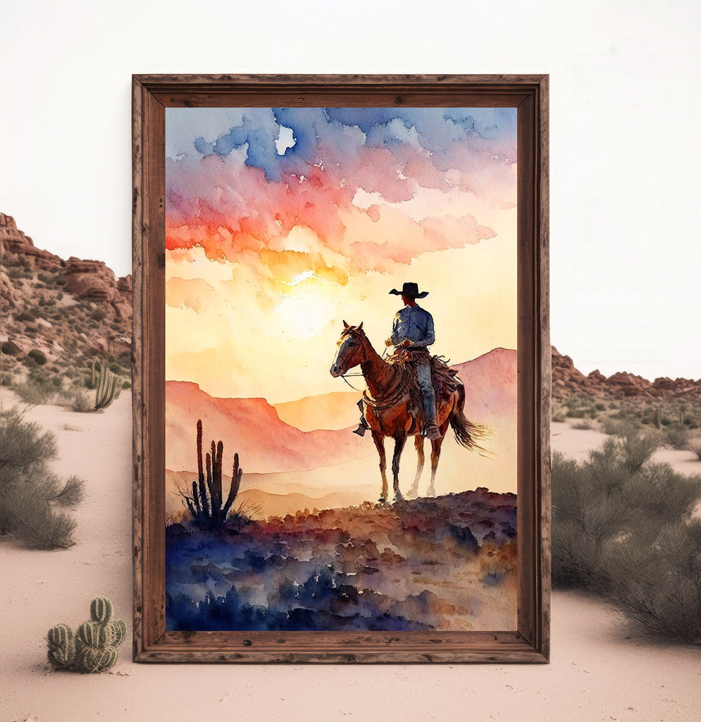 Cowboy Sunset Art Print Americana Watercolor Painting Rodeo Poster or Canvas Wall Art Southwestern Gift Western Decor